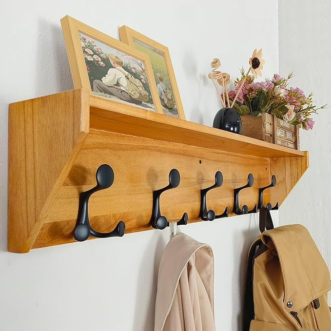 SKOLOO Wall Shelf with Hooks, 35-Inch Brown Coat Rack Wall Mount with Shelf Organizer - Lightweight & Sturdy, 5 Tri Hooks - Perfect for Entryway, Hallway, Living Room, Bedroom, Mudroom-Ruum Studio Home
