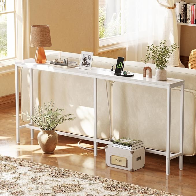 SUPERJARE 70 Inch Console Table with Outlet, Sofa Table with Charging Station, Narrow Entryway Table, Skinny Hallway Table, Behind Couch Table, for Living Room, White-Ruum Studio Home