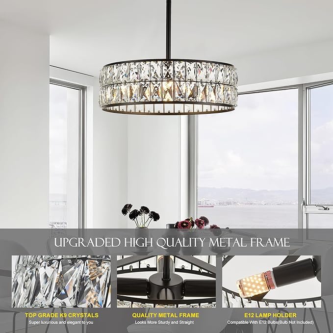 16” 4-Light Modern Crystal Chandeliers Black Dinning Room Light Fixture with Two Rods, Round Pendant Light Kitchen Island Chandelier, Flush Mount Ceiling Light for Living Room Entryway-Ruum Studio Home