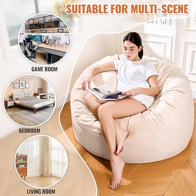 4FT Bean Bag Chair: Bean Bag with Velvet Cover, Fluffy and Comfy Bean Bag Chairs for Adults and Kids, Bean Bag Sofa Filled with High-Density Sponge for Gaming (Yellowish Beige)-Ruum Studio Home