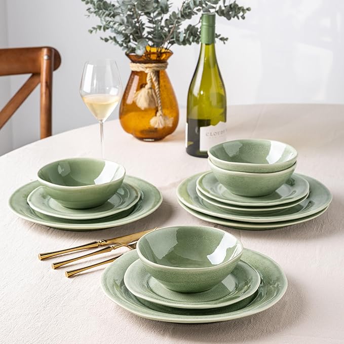 AmorArc Ceramic Dinnerware Sets, Handmade Stoneware Reactive Glaze Plates and Bowls Set, Scratch Resistant | Dishwasher & Microwave Safe Dishes Set, Service for 4 (12pc)-Ruum Studio Home
