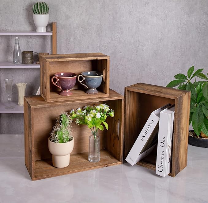 TIMRIS Set of 3 Rustic Distressed Wood Nesting Crates, Farmhouse Decorative Wooden Storage Boxes, Vintage Reclaimed Wood Baskets for Display (Natural)-Ruum Studio Home