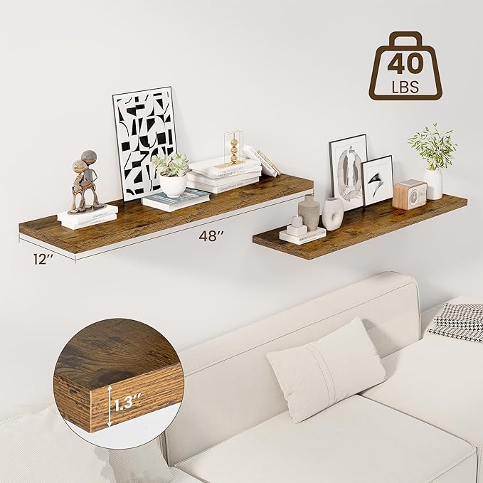 48" Floating Shelves for Wall, 12" Deep Slim Rustic Brown Floating Shelves, Wall-Mounted Shelves for Bedroom, Living Room, Kitchen, Bathroom - Set of 2-Ruum Studio Home
