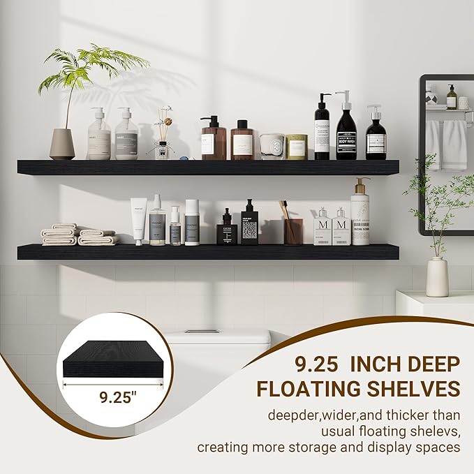48 Inch Floating Shelves, 48"x9.25"x1.5" Inch Deep Floating Shelves for Wall, Wooden Shelves for Bathroom, Bedroom, Living Room, Black-Ruum Studio Home