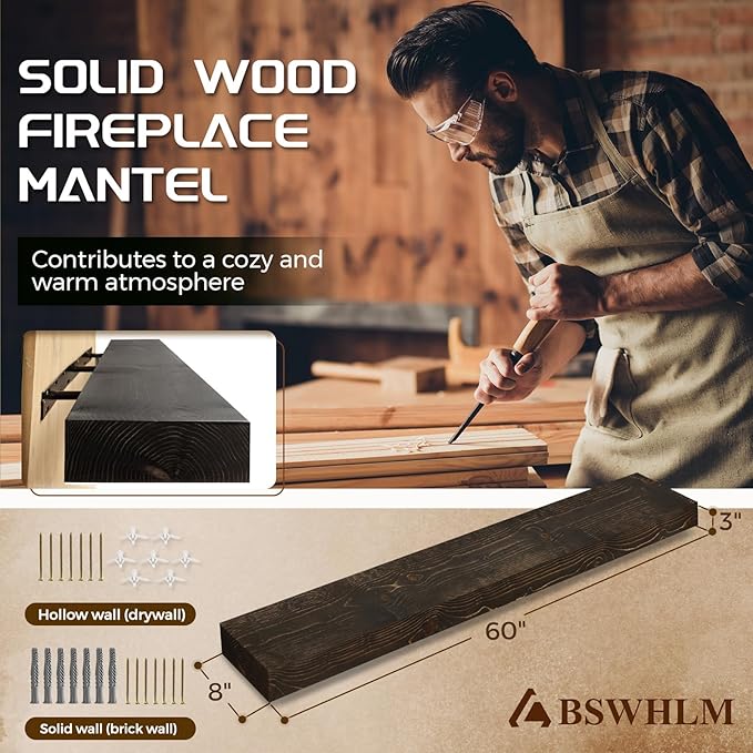 60x8x3 Fireplace Mantel - Solid Rustic Wood - Wall Mounted Floating Shelf with Invisible Heavy Duty Steel Bracket (Weathered Black)-Ruum Studio Home