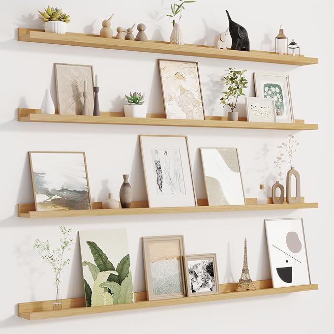 Picture Ledge Shelf for Wall, Floating Shelves Set of 4, 48 Inch Long Nursery Book Shelves for Toys Storage, Kids Bookshelf Wall Mounted for Books Photo Frames, Oak-Ruum Studio Home