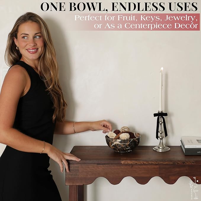 Gusto Nostro 8" Luxury Black Marble Decorative Bowl for Coffee Table - Elegant Decorative Fruit Bowl for Kitchen Counter - Heavy Stone Entryway Catch All for Keys, Potpourri Holder Centerpiece, Medium-Ruum Studio Home