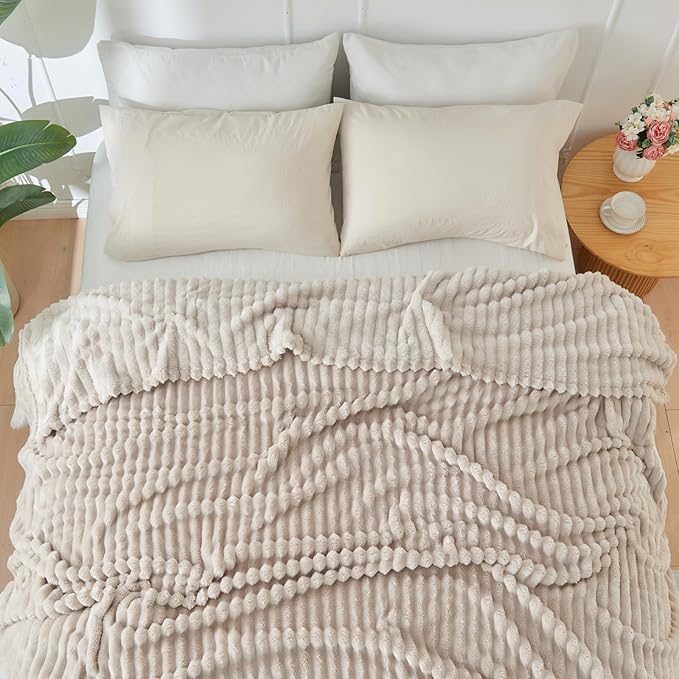 NEWCOSPLAY Super Soft Throw Blanket Linen Premium Silky Flannel Fleece 3D Ribbed Jacquard Lightweight Bed Blanket All Season Use (Linen Ribbed, Throw(50"x60"))-Ruum Studio Home
