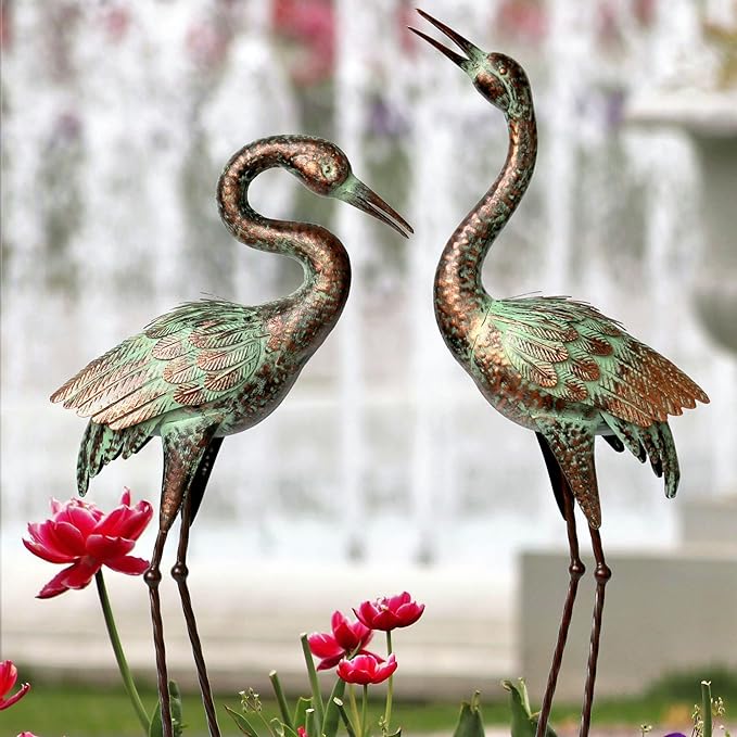 Shorayn Garden Crane Statues, Blue Heron Sculptures for Outdoor, Cranes Decor Metal Bird, Patina Garden Art Lawn Ornaments for Yard Patio Porch Outside Decorations-Ruum Studio Home