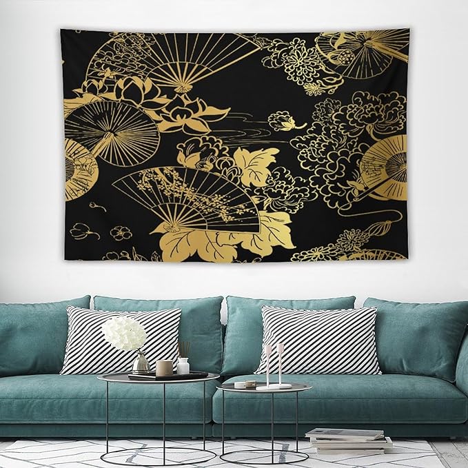 HZOHNAGO Japanese Tapestry Gold Flowers Umbrella Fan Pattern Printed Wall Tapestry Painting Wall Hanging for Bedroom Living Room Dorm 90" W x 60" H-Ruum Studio Home