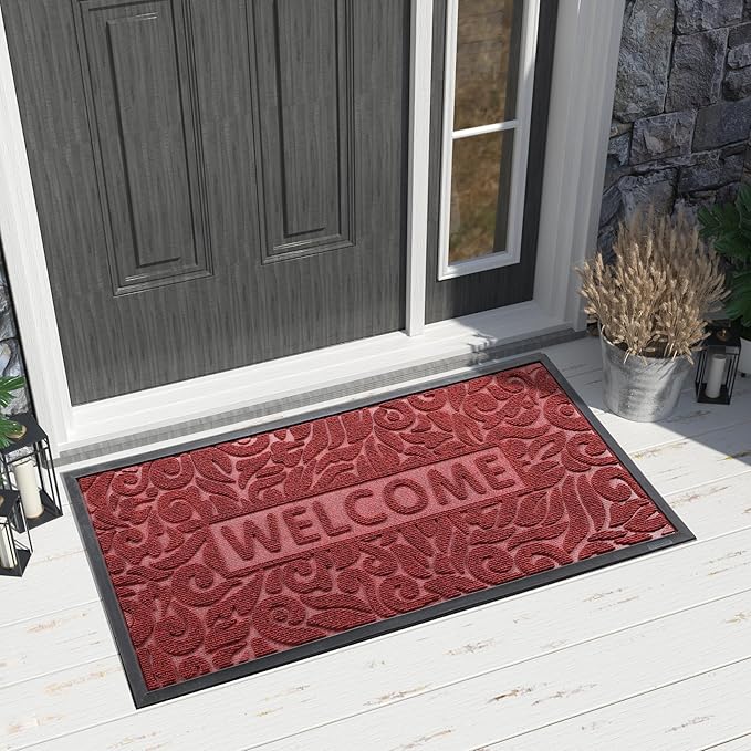 Yimobra Welcome Front Door Mat Outdoor, Heavy Duty Sturdy Non Slip Doormats, Rubber Backing, Low-Profile Entrance Rugs, Absorbent Resist Dirt, Easy Clean Patio Garage Floor Mats, 47X24 Inch, Wine Red-Ruum Studio Home