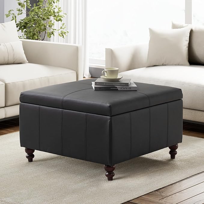 HUIMO Square Leather Storage Ottoman, Black Tufted Large Ottoman for Living Room, Coffee Table with Storage(Black)-Ruum Studio Home