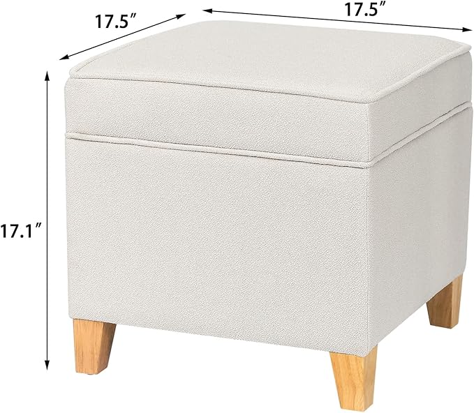 Adeco 17.5" Square Fabric Ottoman with Storage - Upholstered Cotton Linen Foot Rest - Flip Top Footstool with Sturdy Wood Legs, Small Cube Coffee Table Extra Seat for Living Room, Bedroom, White-Ruum Studio Home