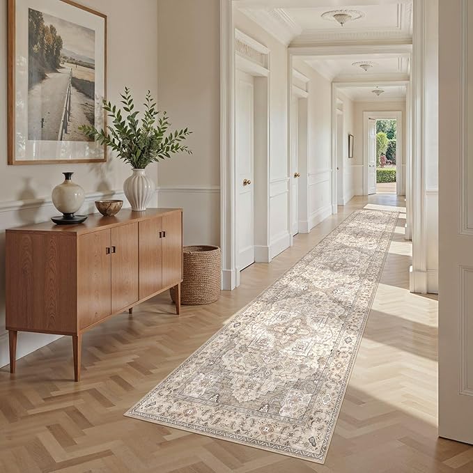 Washable 2.6x14 Runner Rug - Area Rugs Neutral Vintage Distressed Floral Farmhouse Boho Large Soft Floor Rug Indoor Carpet for Hallway Entryway Home - Brown/Multi-Ruum Studio Home
