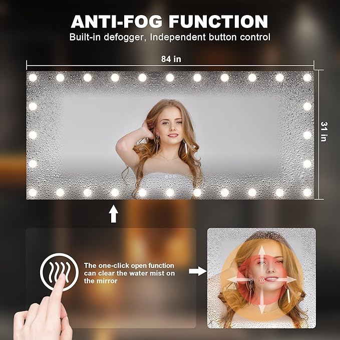 Hasipu LED Bathroom Mirror with Lights, 71" x 32" Hollywood Wall-Mounted Bathroom Mirror with 28 Dimmable Bulbs, 3 Colors Modes, Touch Control, Anti-Fog, Memory Function, Shatter-Proof, ETL Listed-Ruum Studio Home