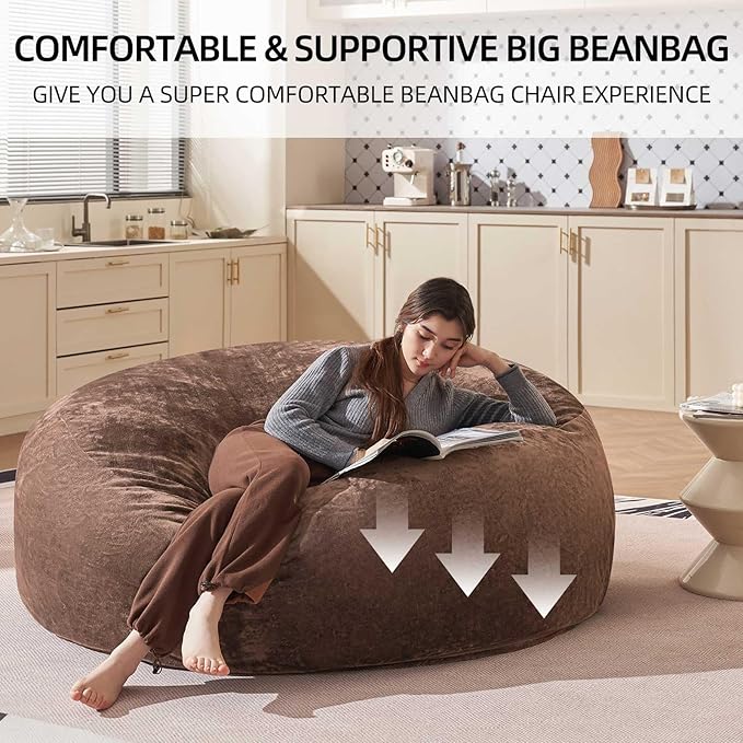 Bean Bag Chair 6Ft, Memory Foam Filled, Large Beanbag Chairs for Adults and Teens, Soft Sofa with Removable Flannel Cover, Round Couch for Living Room Bedroom College Dorm (Coffee, 6FT-67×67"×24")-Ruum Studio Home