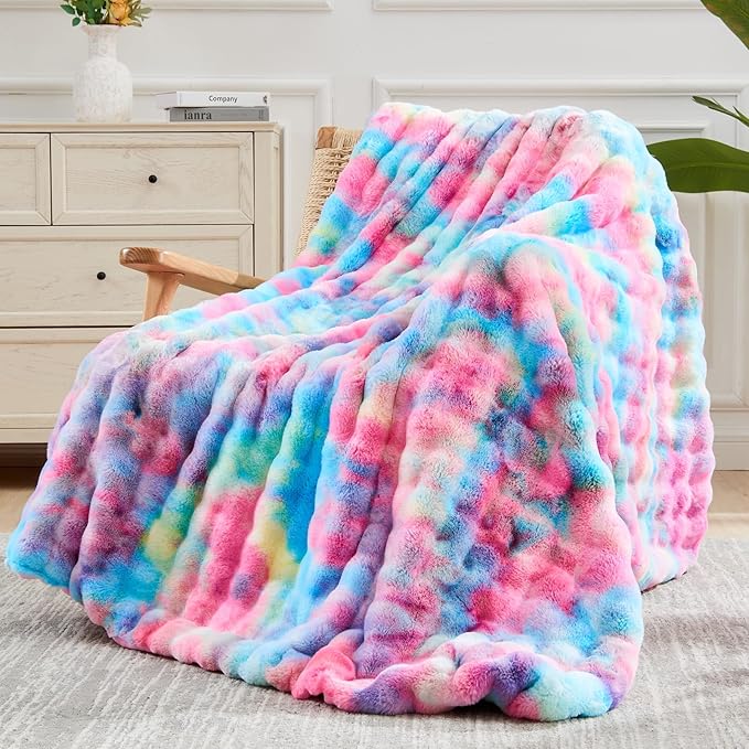 NEWCOSPLAY Faux Fur Throw Blanket Dark Rainbow Luxury Fluffy Thick Warm Bubble Blanket for Couch Sofa Bed 700GSM (Dark Rainbow, Throw(50"x60"))-Ruum Studio Home