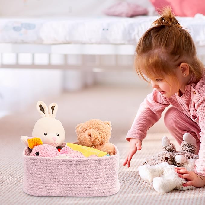 Small Woven Storage Baskets 12“X8”X5“ Decorative Rope Bins for Organizing Shelves, Closets, and Toys, Empty Gift Baskets, Cute Organizer Basket for Home and Office (pink, regular)-Ruum Studio Home