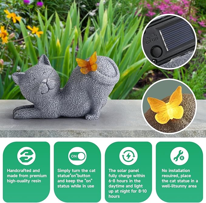 Solar Cat Garden Statue with Glowing Butterfly, Outdoor Resin Cat Figurine with Solar Light, Waterproof Yard Decor for Patio, Lawn, Porch, and Unique Garden Gifts for Cats Lovers-Ruum Studio Home