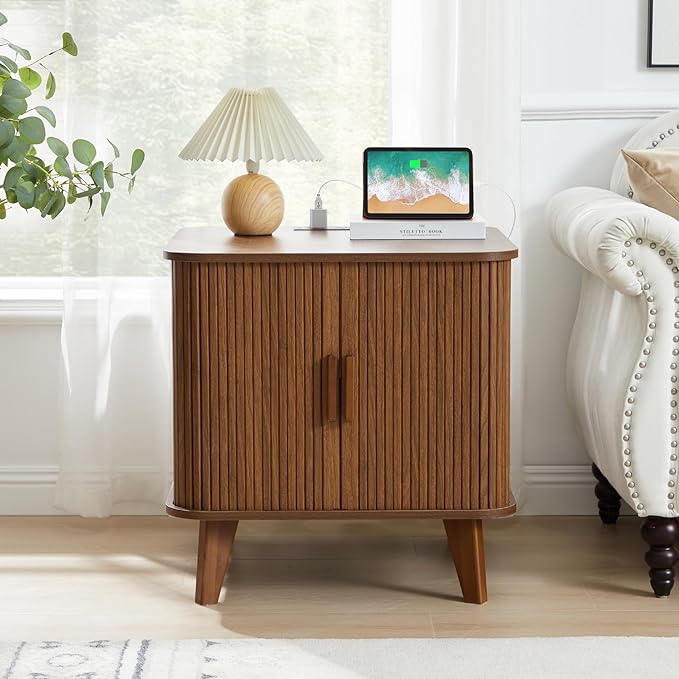 Farmhouse Square End Table with Charging Station, 24" Large Fluted Sofa Side Table with Sliding Tambour Door and Storage, Rustic Curved Wood Nightstand for Living Room, Bedroom, Walnut-Ruum Studio Home