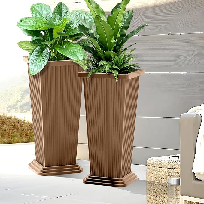FENCY Set of 2 Tall Planters for Outdoor Plants, 24 Inch Large Tapered Pots with Drainage Trays, Weather-Resistant Plastic Plant Containers for Patio, Porch, Garden, Front Door Decor,Brown, Striped-Ruum Studio Home