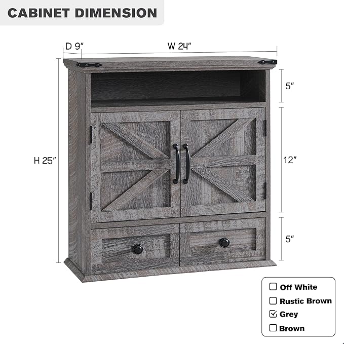 Bathroom Wall Cabinet, Farmhouse Medicine Cabinet, 24" Wide Cabinet with Drawer, Adjustable Shelf, Double Barn Doors, Storage Cabinet for Bathroom, Kitchen, Living Room, Grey Wash-Ruum Studio Home