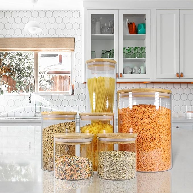 Urban Green Glass Jar with Bamboo Lids (2 sets 100oz) with Metal Scoop, Food Storage Containers with Airtight Lids, Glass Canisters sets, Flour Container Jar-Ruum Studio Home