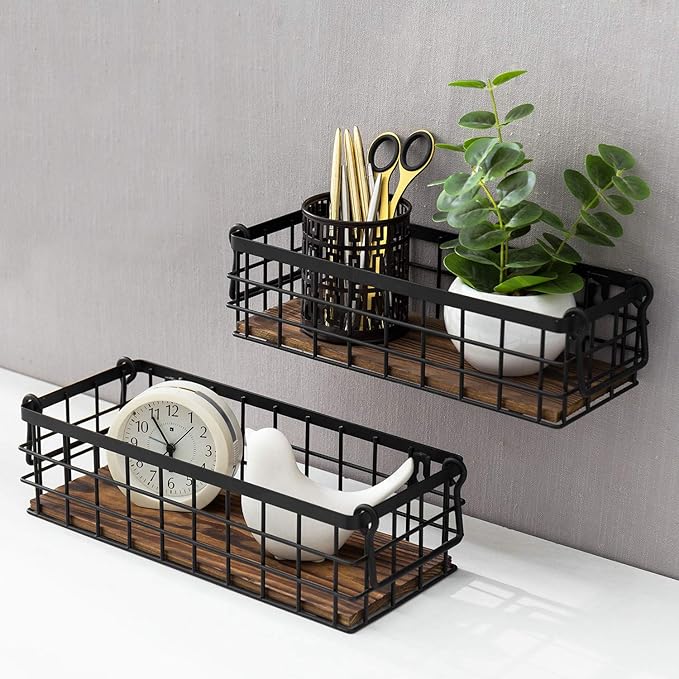 MyGift Set of 2 Wire Baskets for Pantry, Wall Mounted or Tabletop Black Metal Baskets for Organizing with Burnt Wood Base and Handles-Ruum Studio Home