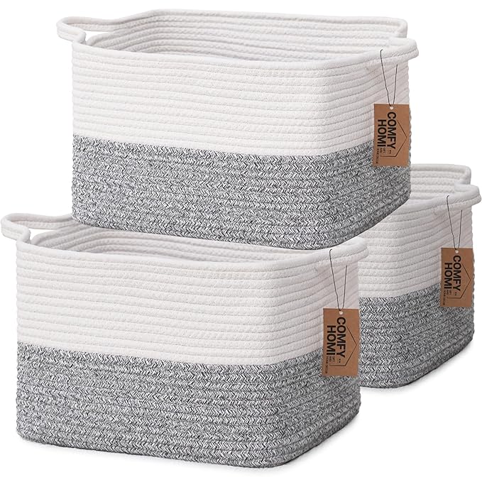 COMFY-HOMI 3-Pack Cotton Rope Woven Basket with Handles for Shelves, Book, Cloth Basket|Dog Toy Basket for Organizingy|13.5" x 11" x 9.5" for Bedroom（White/Grey）-Ruum Studio Home
