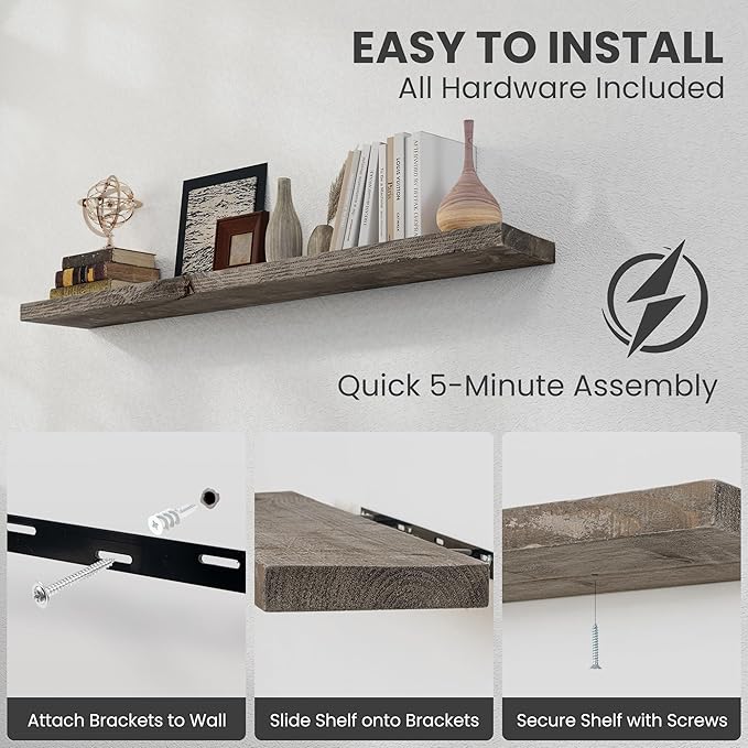 Solid Wood Floating Shelves, 8" Deep Rustic Reclaimed Barnwood Wall Hanging Floating Shelf with Invisible Heavy-Duty Metal Bracket | Wall Mounted | Farmhouse Style | 55 inches,1PC,Grey-Ruum Studio Home