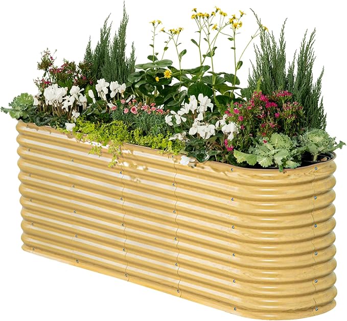 Vego garden 32" Extra Tall Raised Garden Bed Kits, 9 in 1 Modular Raised Planter Box for Vegetables Flowers Fruits Oval Metal Raised Garden Bed, Sunlit Oak-Ruum Studio Home