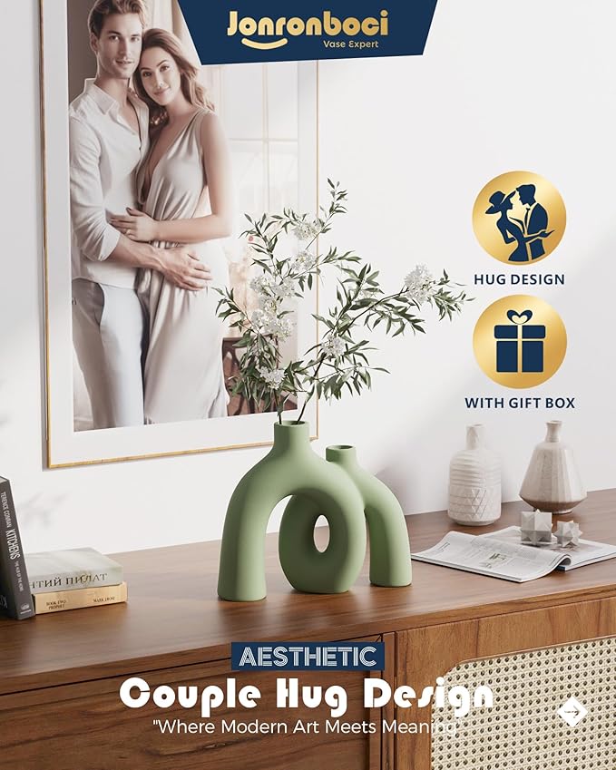 Hug Donut Decorative Vase Set - Sage Green Modern Nordic Boho Style Vases Home Decor,Matte Ceramic Decorations for Living Room Shelf, Bookshelf Mantle Entryway Table or Console Décor(Green)-Ruum Studio Home