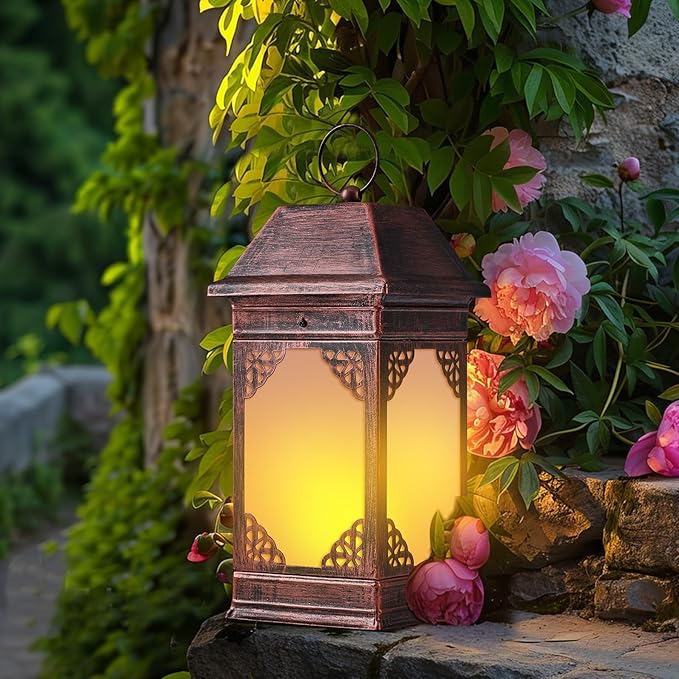 14" Solar Lanterns Outdoor Waterproof, Glass Flickering Flame Solar Lantern, Hanging Metal Lantern Decorative for Patio Front Porch Garden Backyard Tabletop Party Decoration-Ruum Studio Home
