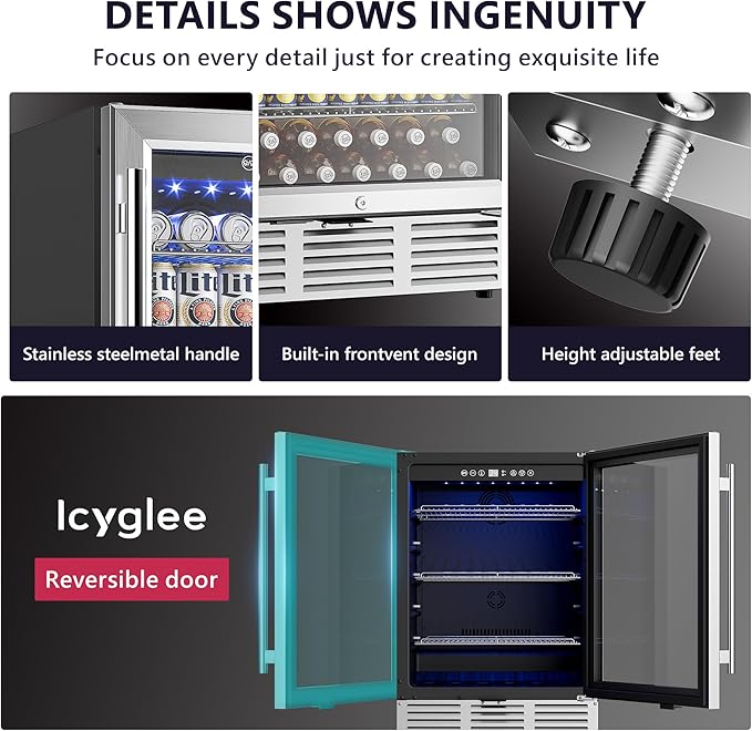 24 Inch Beverage Refrigerator, Beverage Cooler 180 Can Built-in Design, Under Counter Beer Fridge with Glass Door for Soda, Wine, Water - For Kitchen, Office or Bar-Ruum Studio Home