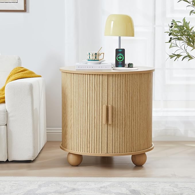 Farmhouse Round End Table with Charging Station, 24" Large Fluted Sofa Side Table with Sliding Tambour Door & Storage, Mid-Century Wood Nightstand for Living Room, Bedroom (Natural)-Ruum Studio Home