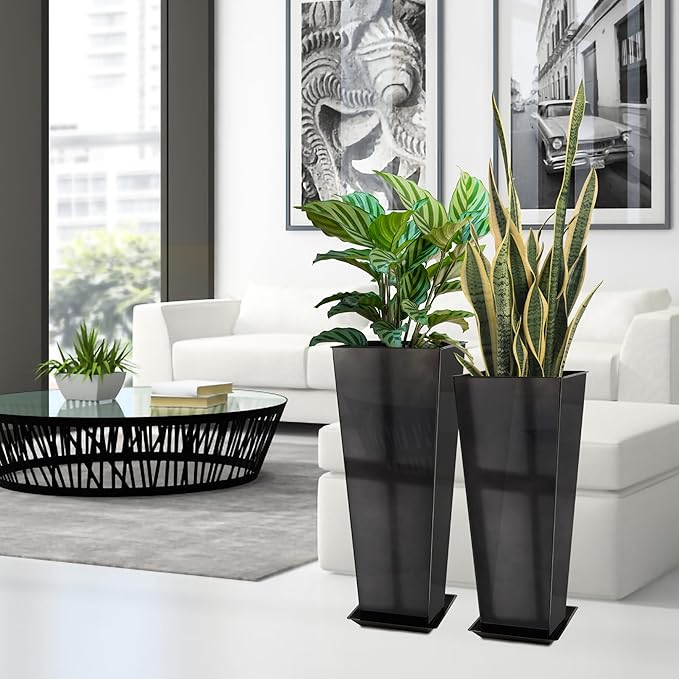 KOL 25'' & 28'' Tall Glazed Planter with Saucer, Set of 2, Galvanized Steel Planter Metal Pots for Indoor & Outdoor Use, Decorative Flower Plant Pots with Drainage Hole for Porch, Patio, Deck - Black-Ruum Studio Home