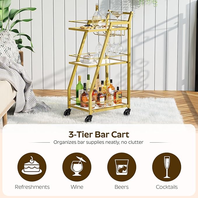 Bar Cart, 3-Tier Bar Cart for The Home, Home Bar Serving Cart with Glass Holders, Beverage Cart for Kitchen, Dining, Party Room, Gold BC03GD-Ruum Studio Home