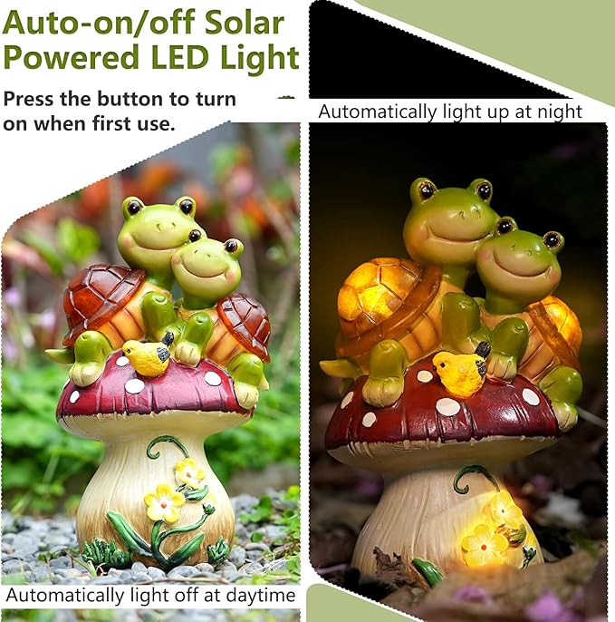 Solar Light Turtle Garden Statue, Turtle on Mushroom Figurine, Lovely Tortoise Garden Statue with 5 LED Lights for Patio, Balcony, Yard, Housewarming, Lawn Ornament, Outdoor Lawn Decor-Ruum Studio Home