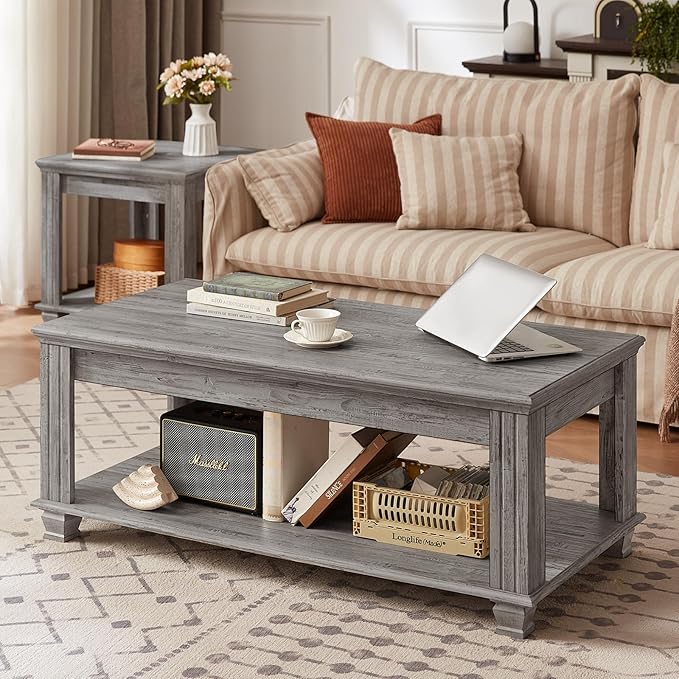Farmhouse Coffee Tables for Living Room,Square Tea Table with Open Storage Shelf,Large Coffee Table,Rustic Wooden Center Table,Gray-Ruum Studio Home