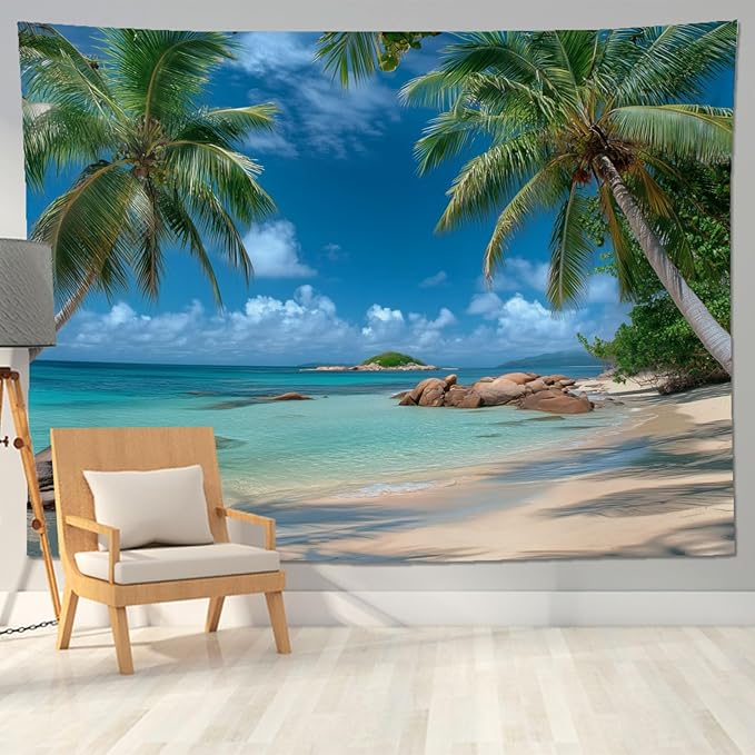 keowhsf Beach Summer Ocean Tapestry – Tropical Palm Trees Wall Hanging Decor with Blue Sky and Seaside Scenery, Nature Landscape Tapestry for Bedroom Living Room Dorm-Ruum Studio Home