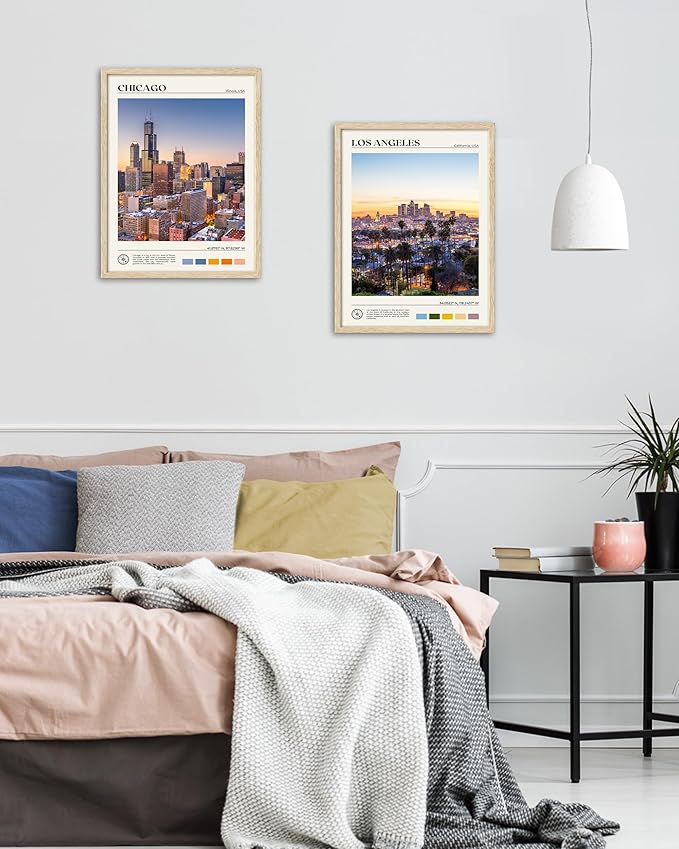 HesenDot Natural OAK Wood Chicago Cityscape Framed Wall Art,12x16in City Skyline Canvas Wall Print,Modern Urban Landmark Wall Decor for Living Room,Bedroom,Office Gallery Gifts Set of 1-Ruum Studio Home