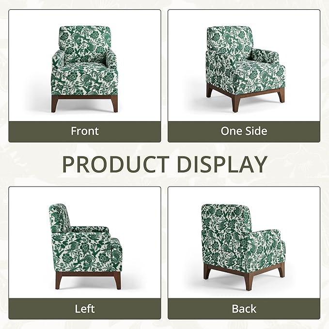 Floral Accent Armchair, Retro Wingback Upholstered Armchair with Wide Dipped Back Design and Wooden Legs, High Back Armchair, Leisure Single Sofa Chair for Living Room, Bedroom, Balcony, Green-Ruum Studio Home