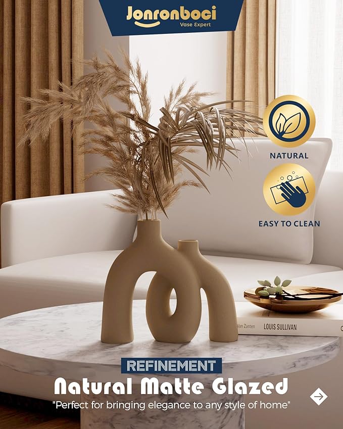 Hug Donut Decorative Vase Set - Tan Modern Rustic Farmhouse Style Vases Home Decor,Matte Ceramic Decorations for Living Room Shelf, Bookshelf Mantle Entryway Table Centerpiece or Console Décor(Brown)-Ruum Studio Home