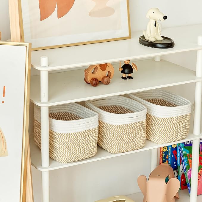 Small Cotton Rope Storage Basket Set of 3-11"x7"x7" Perfect Woven Baskets for Storage, Ideal Storage Baskets for Organizing Toys, Towels, and More - Baskets for Shelves（White & Mixed Camel）-Ruum Studio Home