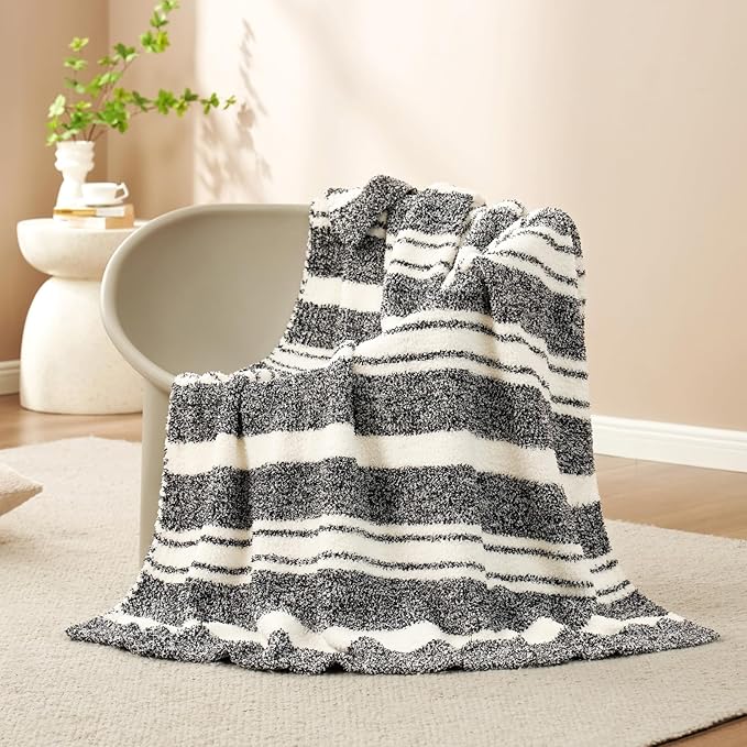 Snuggle Sac Stripe Black Throw Blanket for Couch, Reversible Super Soft Warm Blankets Cozy Knit Fuzzy Plush Lightweight Throws for Sofa, Bed, Stripe Black, 50x60 inches-Ruum Studio Home