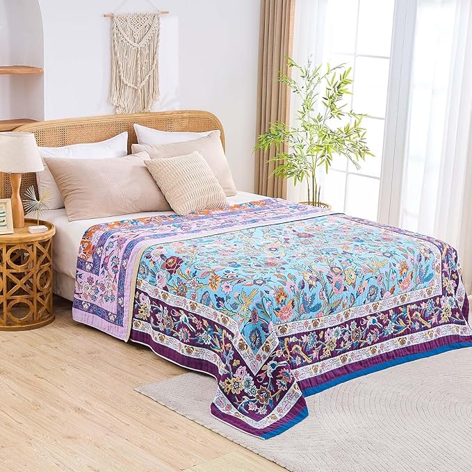 Fall Blanket for Bed, 100% Cotton Soft Rustic Boho Throw Blanket Quilt, 90"x98" Farmhouse Decor Bed Flower Blankets, Light Weight Reversible Bohemian Throw Quilt-Ruum Studio Home