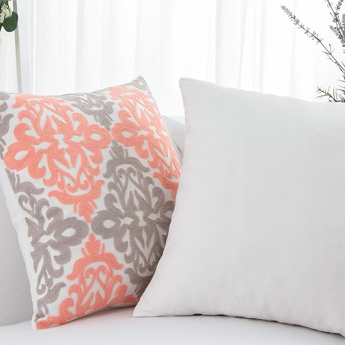 HWY 50 Coral Pink Decorative Throw Pillow Covers 18x18 Inch (1 Piece), Embroidered Cotton Farmhouse Cushion Cover Pillow Case for Sofa Couch Living Room Bed Bedroon, Floral Geometric-Ruum Studio Home