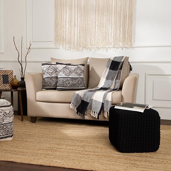 REDEARTH Cube Pouf Foot Stool Ottoman - Hand Knitted Poof - Cord Boho Pouffe - Home Décor - Stuffed Footrest for Living Room - Bedroom - Covered Patio (16" x 16" x 16") - Black-Ruum Studio Home