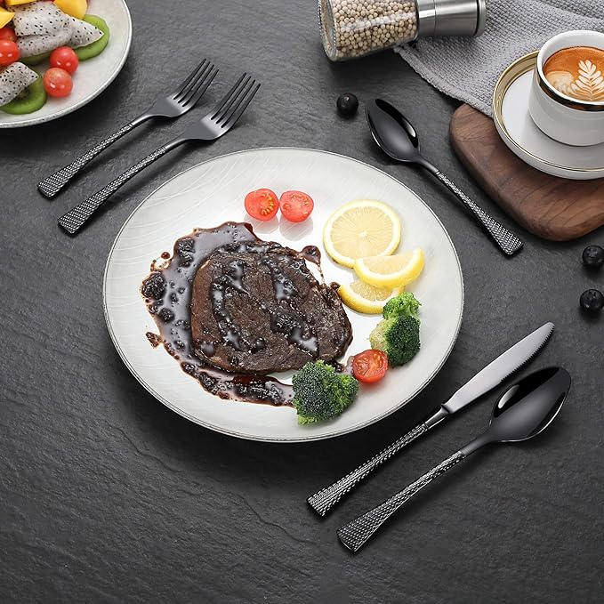 Hammered Black Silverware Set for 8,Stainless Steel 40-Piece Modern Cutlery Set,Mirror Polished Heavy Duty Flatware Set Utensil Set,Knives Spoons and Forks Set,Dishwasher Safe-Ruum Studio Home