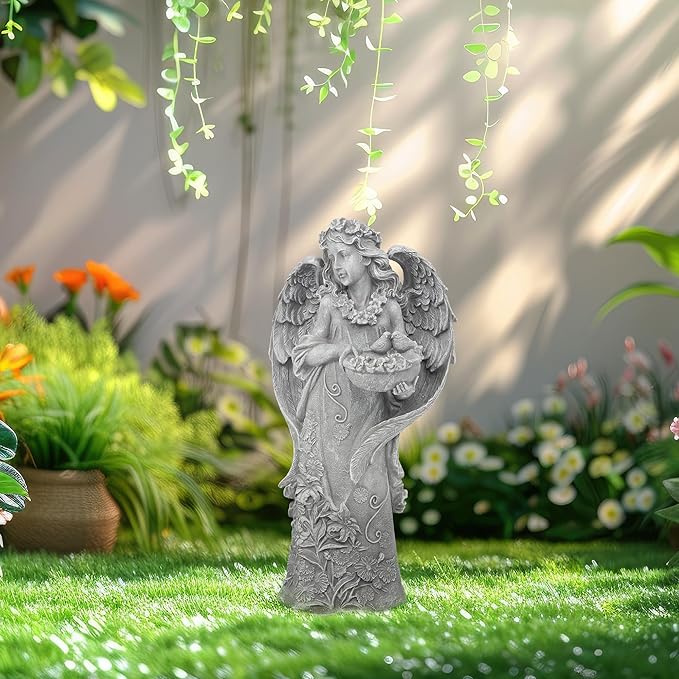 Outdoor Statues Angel Décor Garden Statue- 23.5" H Angel Statue,Resin Angel with Bird Figurine, Ideal for Yard, Patio, Deck, Home Entryway, and Hallway（Grey）-Ruum Studio Home